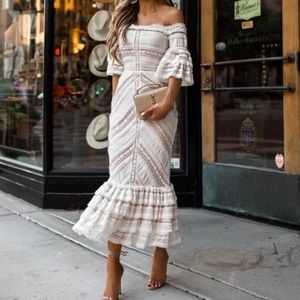 Cinq a Sept Naya ivory off the shoulder lace mermaid midi dress